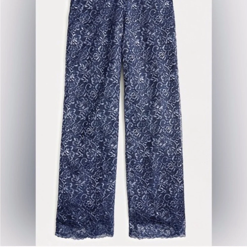 J. Crew Blue Lace Wide Leg Pants with Elegant Print and metallic silver thread - Picture 2 of 12